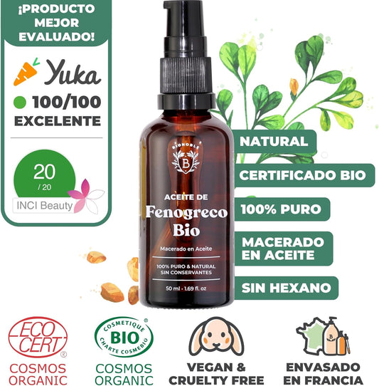 Bionoble Aceite De Fenogreco Orgánico 50Ml - Macerado De Fenogreco Y Aceite De Girasol - Cuerpo, Pecho, Glúteos, Cabello - Vegano Y Cruelty Free - Botella De Vidrio + Pipeta + Bomba