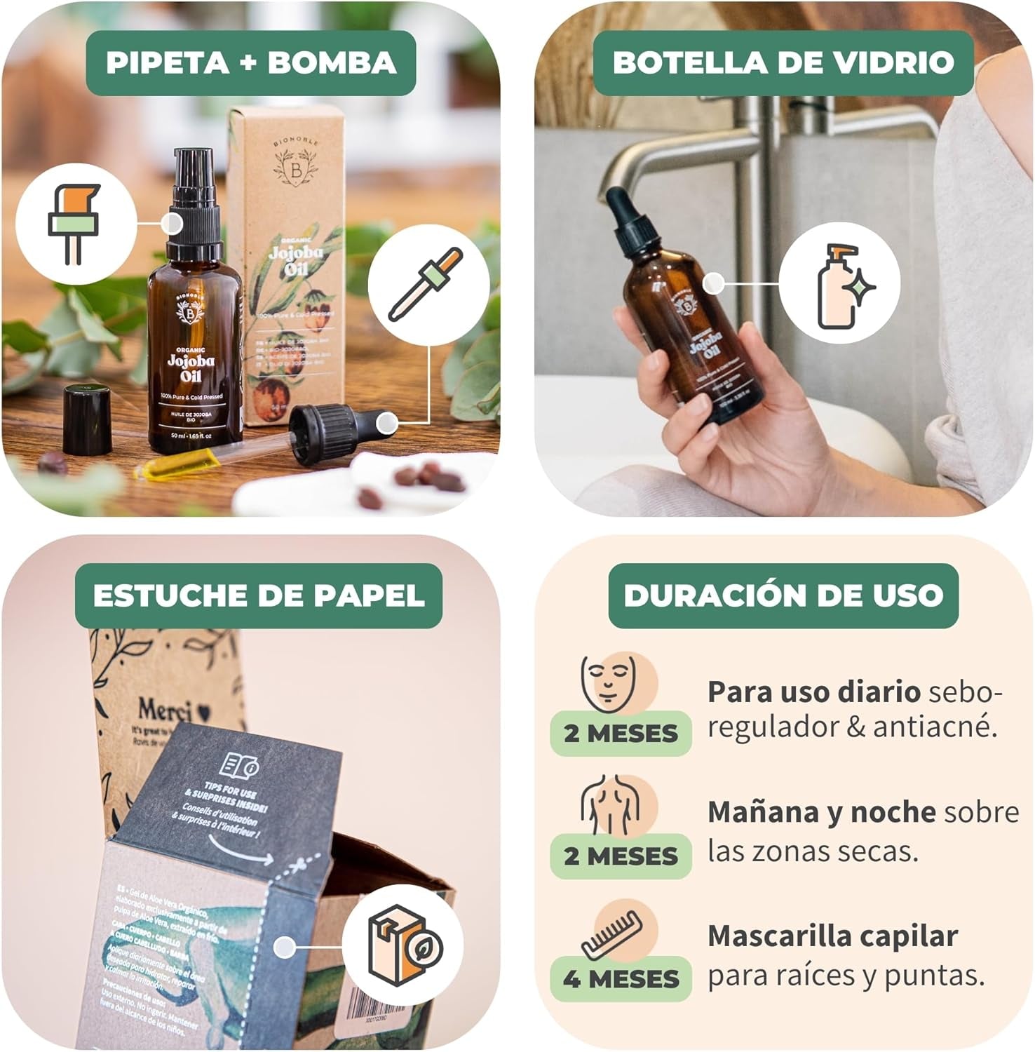 Bionoble Aceite De Jojoba Orgánico 50Ml 100% Puro, Natural Y Prensado En Frío - Rostro, Cuerpo, Cabello, Barba, Uñas - Vegano Y Cruelty Free - Jojoba Oil - Botella De Vidrio + Pipeta + Bomba.