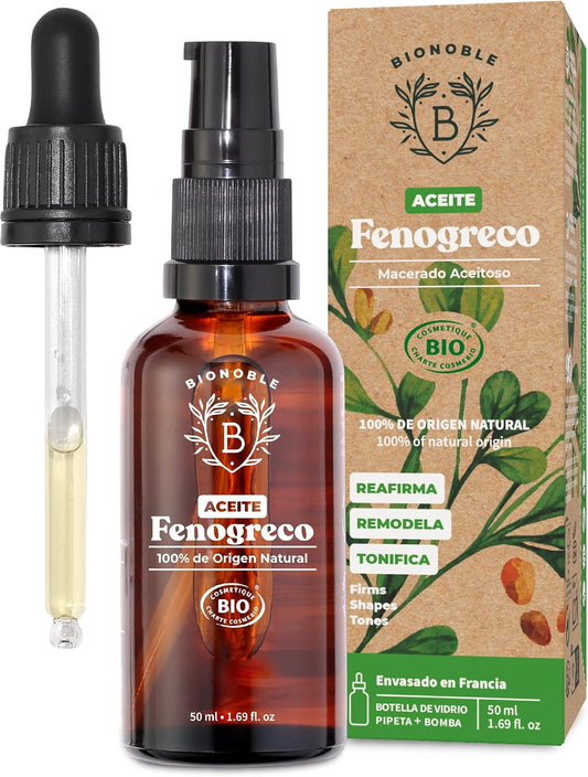 Bionoble Aceite De Fenogreco Orgánico 50Ml - Macerado De Fenogreco Y Aceite De Girasol - Cuerpo, Pecho, Glúteos, Cabello - Vegano Y Cruelty Free - Botella De Vidrio + Pipeta + Bomba