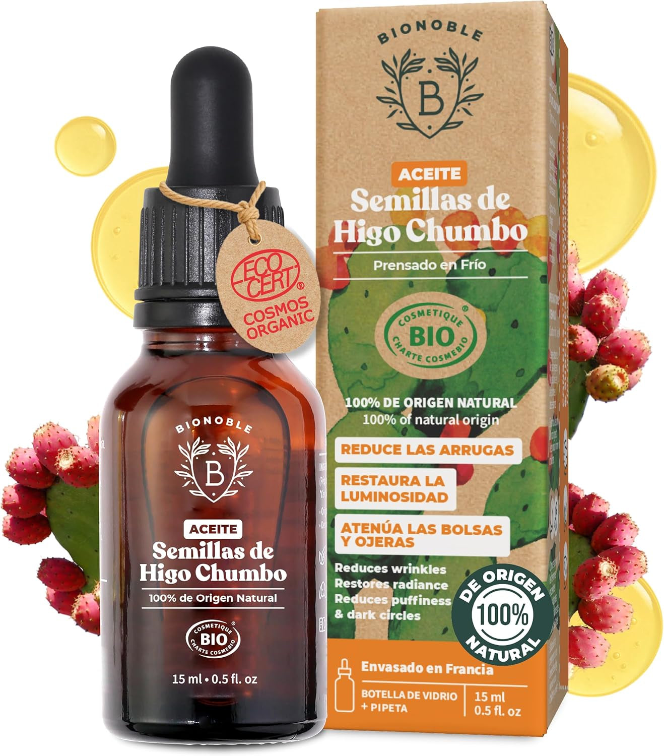 Bionoble Aceite De Higo Chumbo Orgánico 15Ml - 100% Puro, Natural Y Prensado En Frío - Rostro, Cuerpo, Cabello, Barba, Uñas - Vegano Y Cruelty Free - Botella De Vidrio + Pipeta