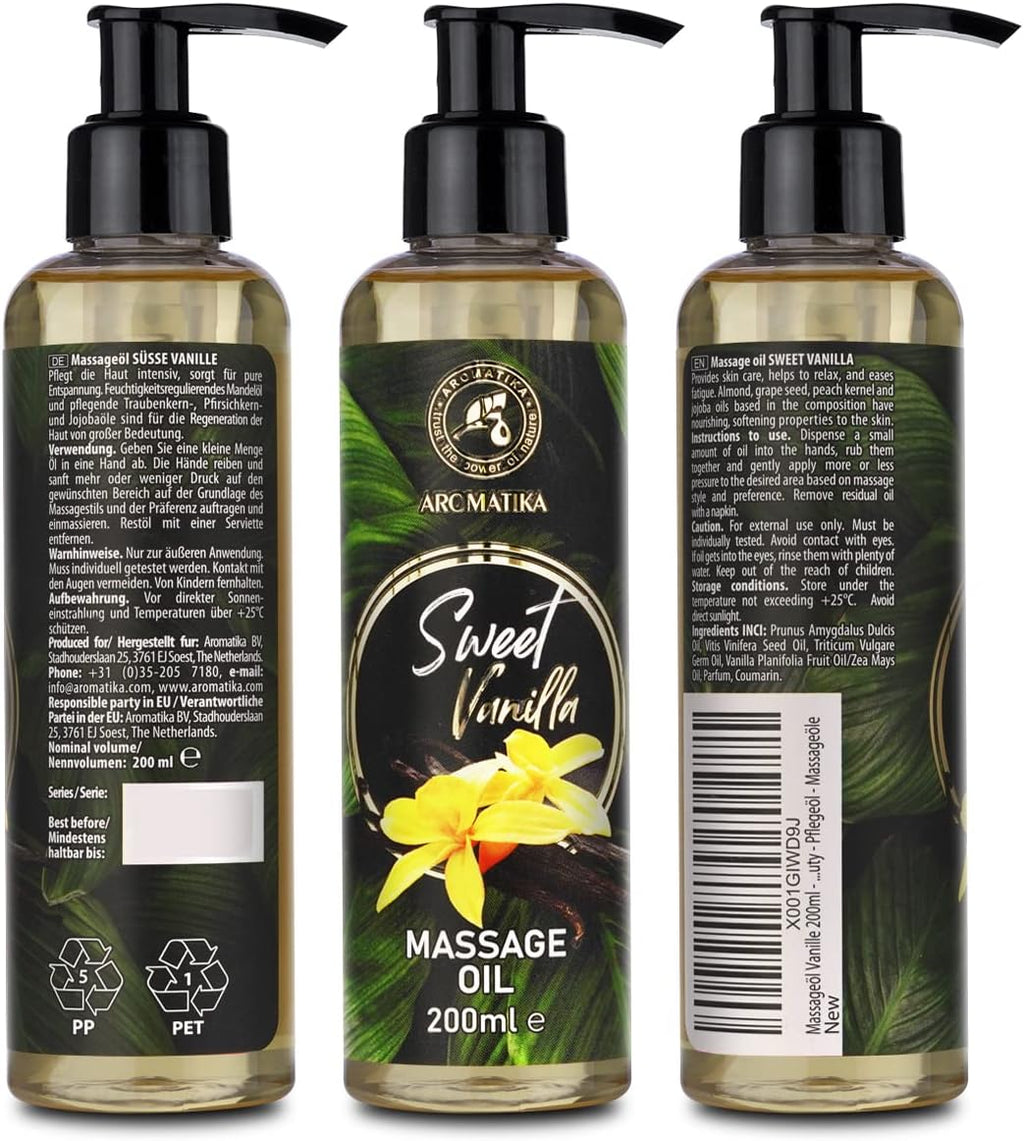 Aceite De Masaje Vainilla Dulce 200Ml - Aceite Corporal Con Aceites De Semilla De Uva - Jojoba - Almendra - Aceites De Melocotón - Aceite Corporal - Aceite De Relajación