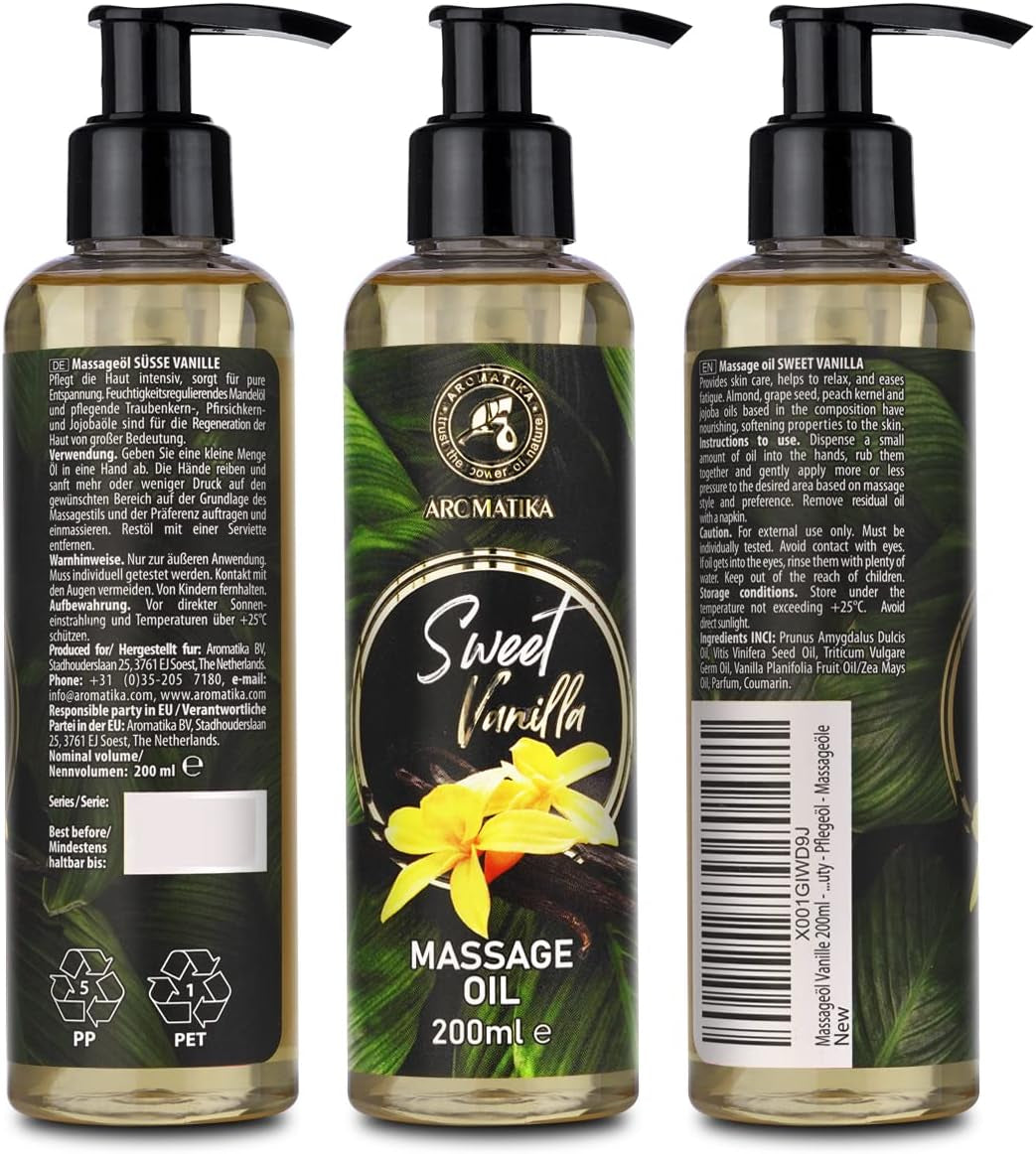Aceite De Masaje Vainilla Dulce 200Ml - Aceite Corporal Con Aceites De Semilla De Uva - Jojoba - Almendra - Aceites De Melocotón - Aceite Corporal - Aceite De Relajación