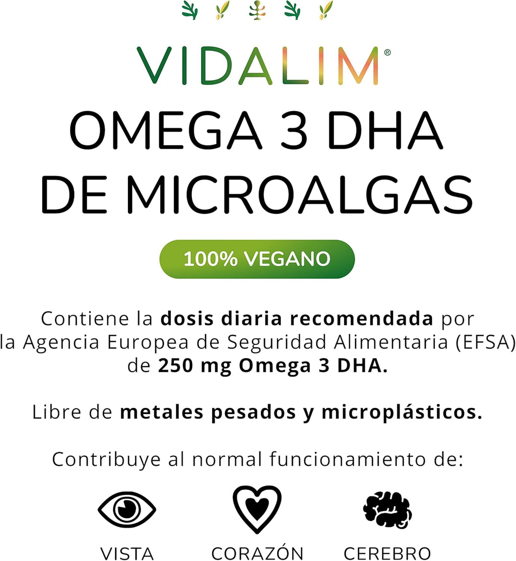 Vidalim Omega 3. 250Mg DHA De Microalgas En Cápsula Blanda De Origen Vegetal. Apto Para Veganos (60)