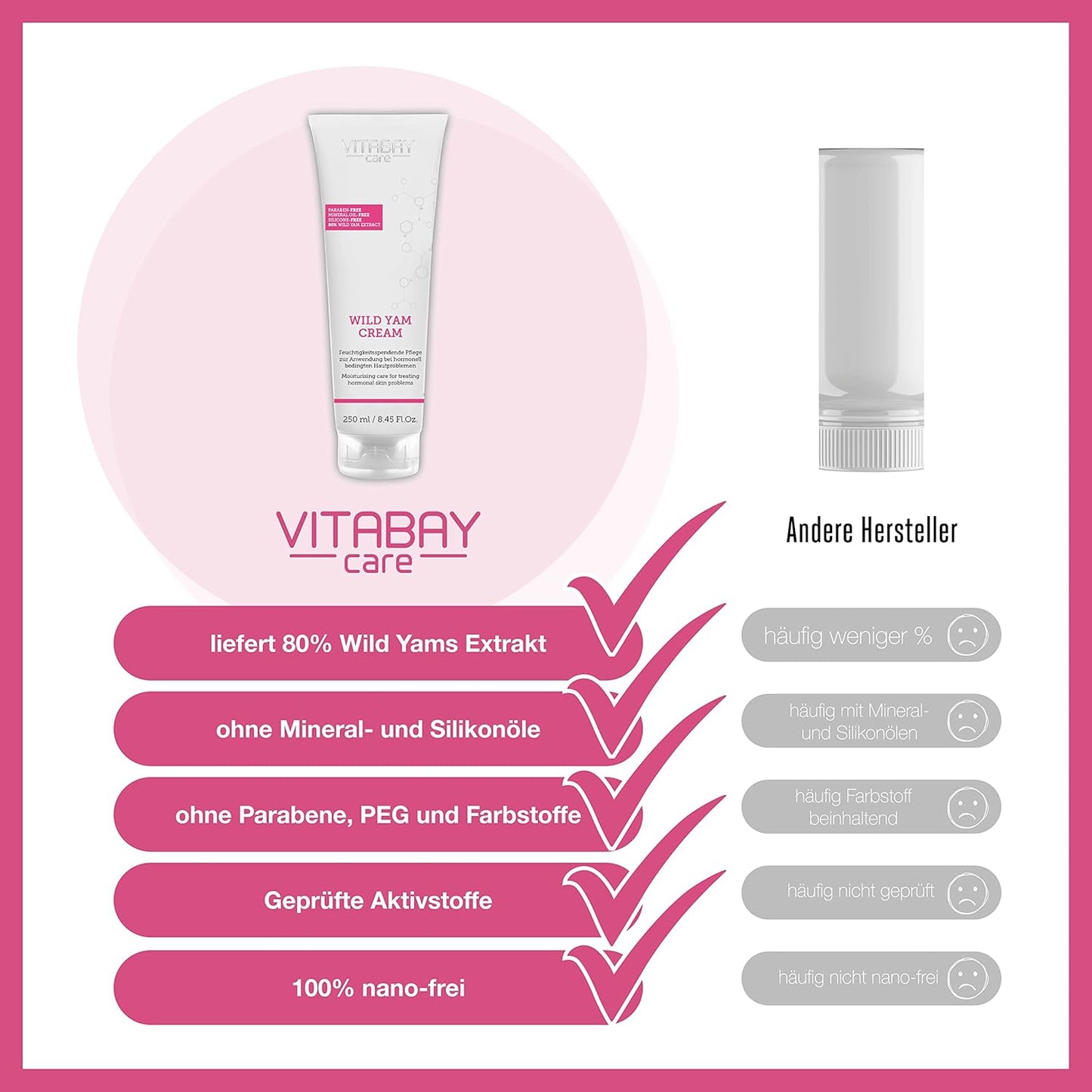 Vitabay Crema De Ñame Silvestre 250 Ml - Crema Con 80% De Extracto De Raíz De Ñame Para Rostro Y Cuerpo - 64% De Diosgenina - 100% Libre De Nanopartículas Y Sin Hormonas Sintéticas