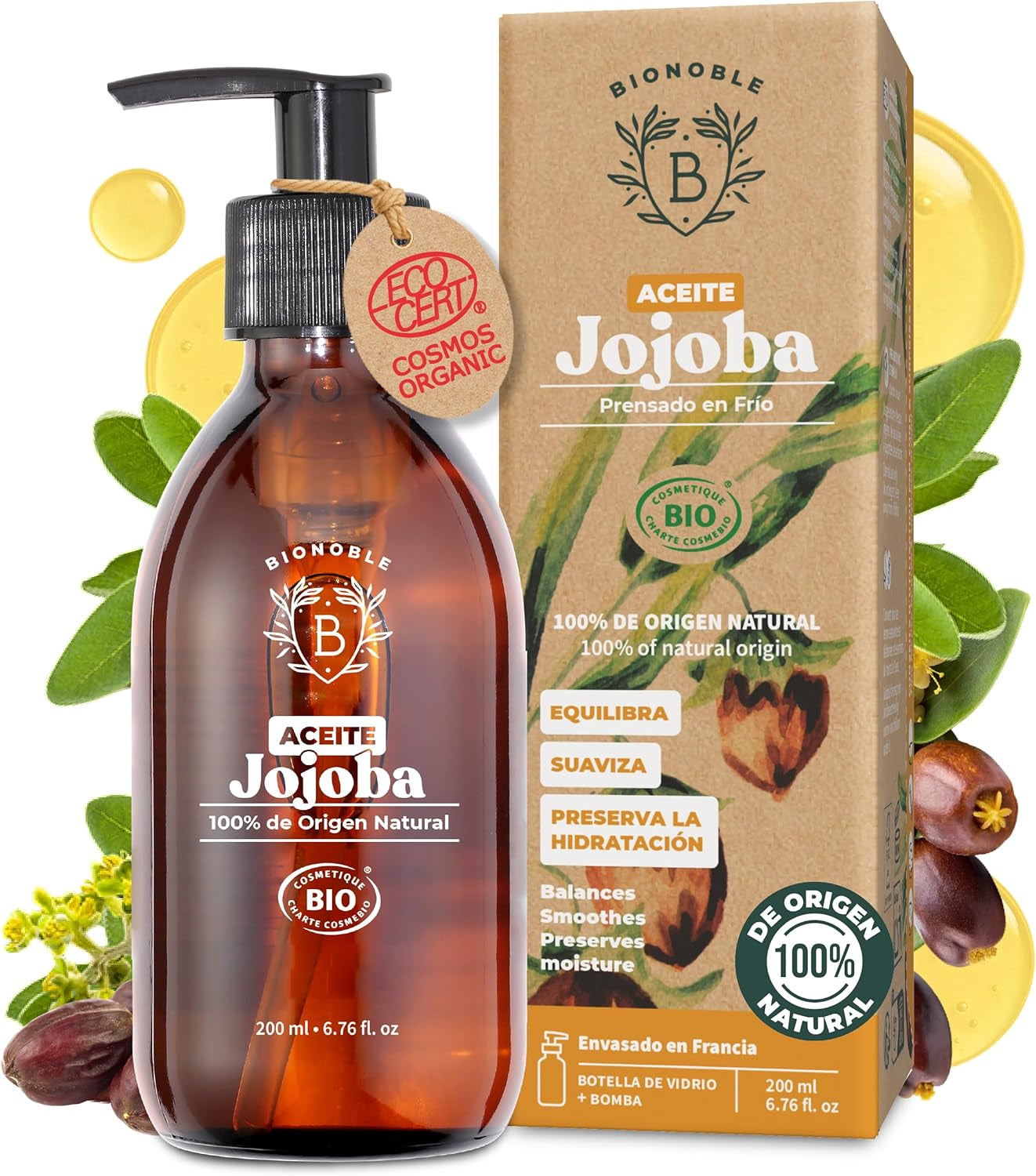 Bionoble Aceite De Jojoba Orgánico 200Ml - 100% Puro, Natural Y Prensado En Frío - Rostro, Cuerpo, Cabello, Barba, Uñas - Vegano Y Cruelty Free - Jojoba Oil - Botella De Vidrio + Bomba