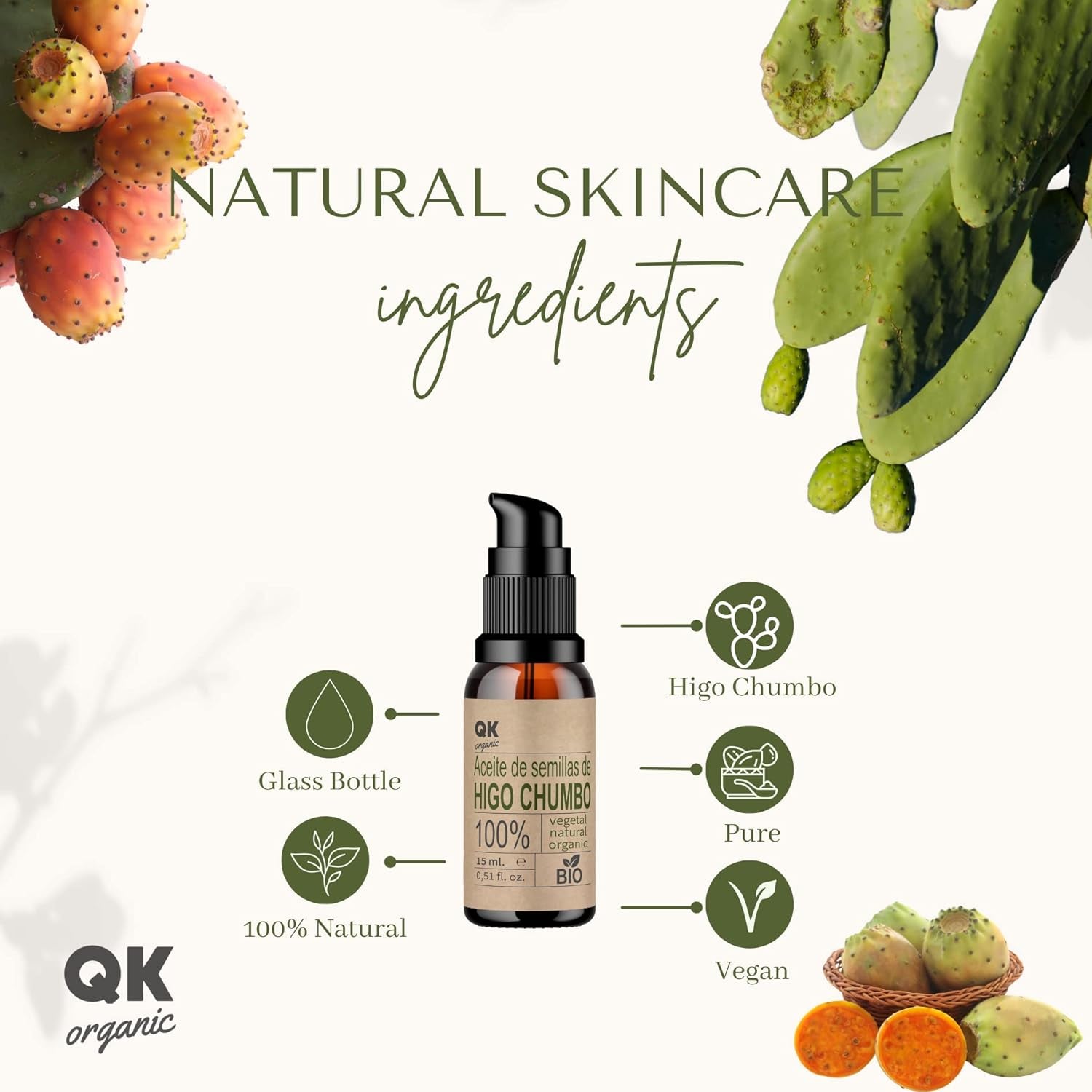 Qknatur - ACEITE DE SEMILLAS DE HIGO CHUMBO 15 Ml - 100% Puro Y Natural - Prensado En Frío - Hidrata Y Rejuvenece La Piel - Repara El Cabello - Botella De Vidrio