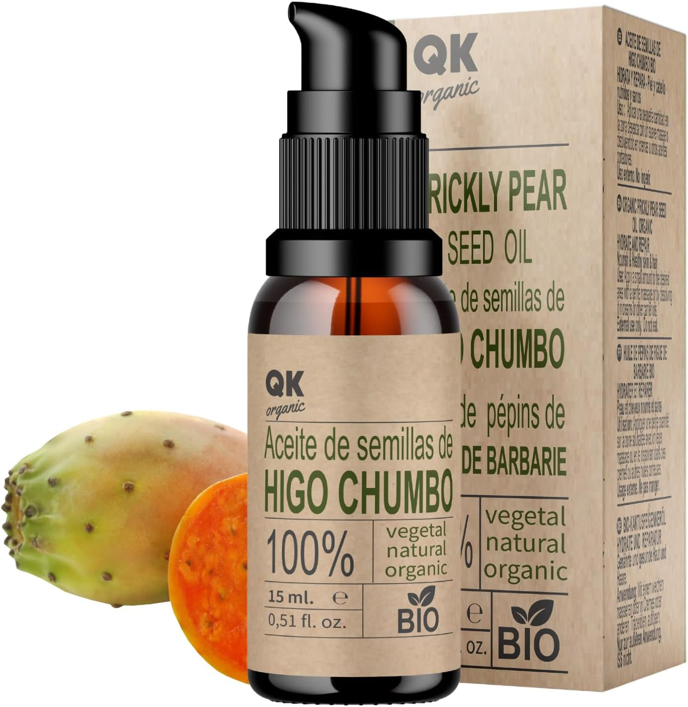 Qknatur - ACEITE DE SEMILLAS DE HIGO CHUMBO 15 Ml - 100% Puro Y Natural - Prensado En Frío - Hidrata Y Rejuvenece La Piel - Repara El Cabello - Botella De Vidrio
