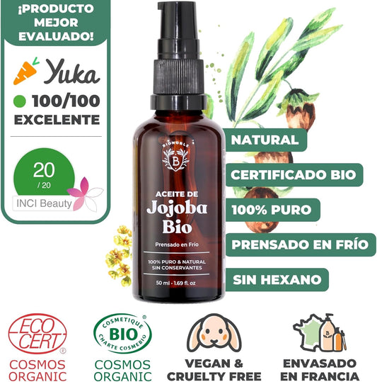 Bionoble Aceite De Jojoba Orgánico 50Ml 100% Puro, Natural Y Prensado En Frío - Rostro, Cuerpo, Cabello, Barba, Uñas - Vegano Y Cruelty Free - Jojoba Oil - Botella De Vidrio + Pipeta + Bomba.