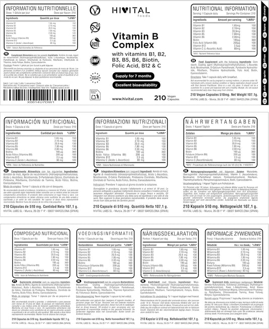 Vitamina B Complex. 210 Cápsulas Veganas Para 7 Meses De Tratamiento. Complejo Vitaminas B Con B1, B2, B3, B5, B6, B12, Biotina, Ácido Fólico Y Vitamina C. Fabricado En España Por HIVITAL