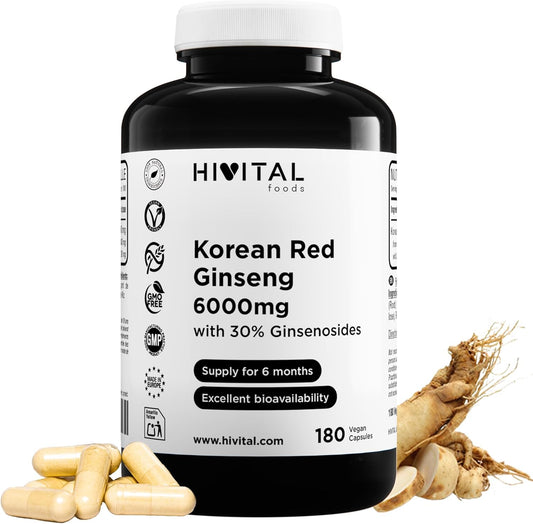 Ginseng Rojo Coreano 6000 Mg. 180 Cápsulas Veganas Para 6 Meses De Tratamiento. Extracto Natural De Raíz 15:1 Con Un 30% De Ginsenosidos Por Cápsula. Fabricado En España Por HIVITAL