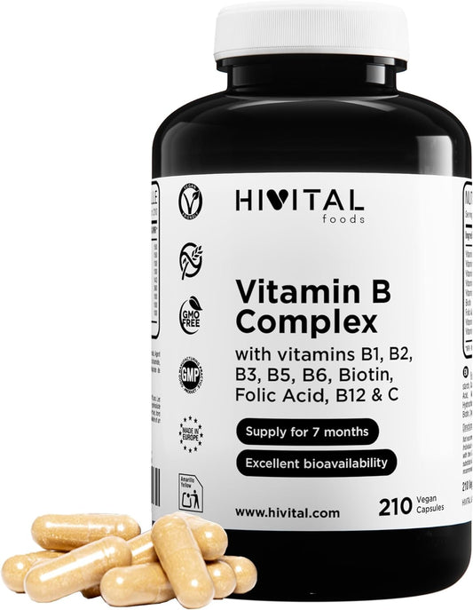 Vitamina B Complex. 210 Cápsulas Veganas Para 7 Meses De Tratamiento. Complejo Vitaminas B Con B1, B2, B3, B5, B6, B12, Biotina, Ácido Fólico Y Vitamina C. Fabricado En España Por HIVITAL