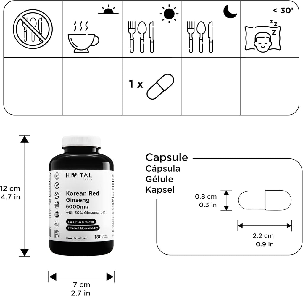 Ginseng Rojo Coreano 6000 Mg. 180 Cápsulas Veganas Para 6 Meses De Tratamiento. Extracto Natural De Raíz 15:1 Con Un 30% De Ginsenosidos Por Cápsula. Fabricado En España Por HIVITAL