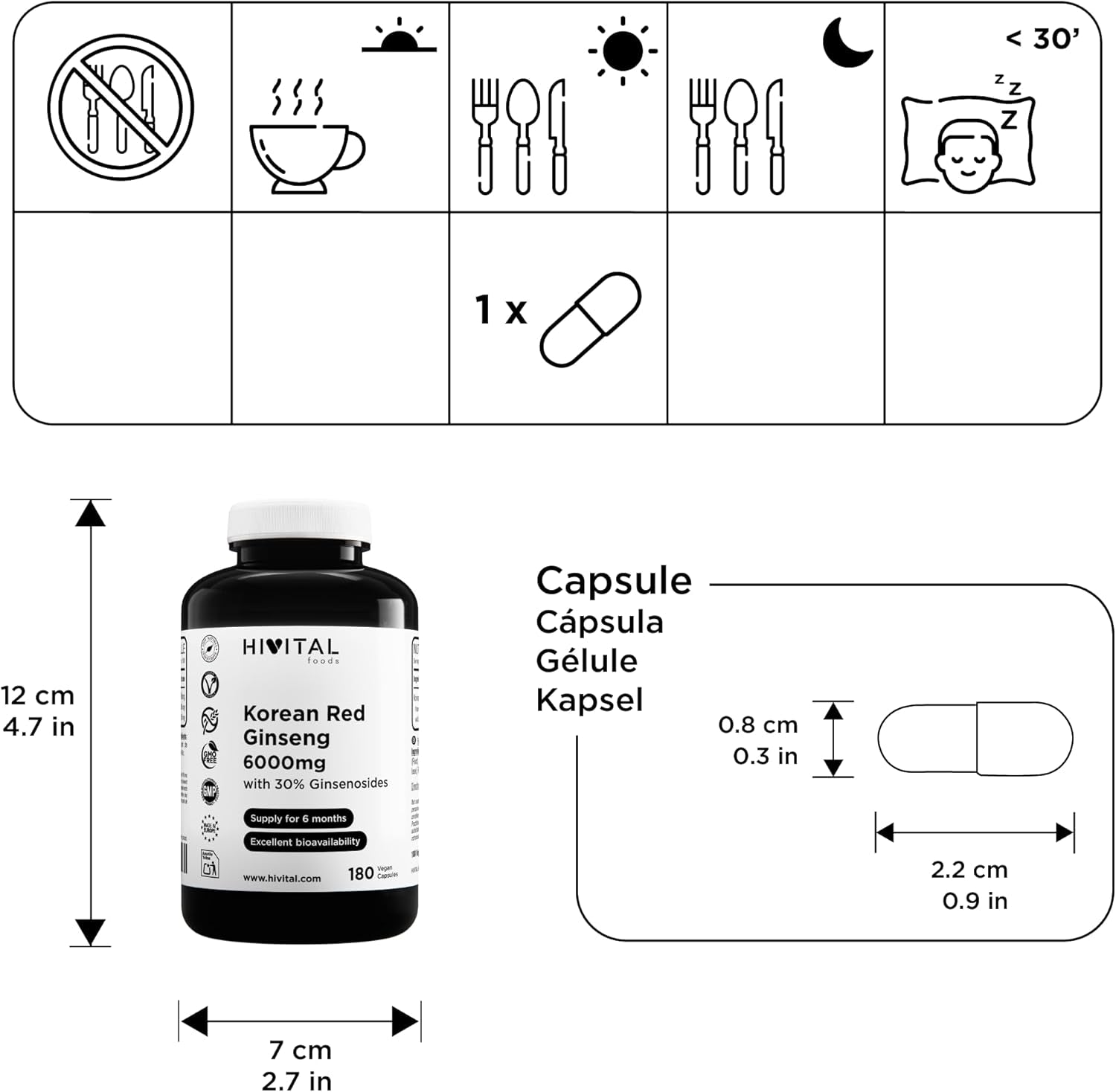 Ginseng Rojo Coreano 6000 Mg. 180 Cápsulas Veganas Para 6 Meses De Tratamiento. Extracto Natural De Raíz 15:1 Con Un 30% De Ginsenosidos Por Cápsula. Fabricado En España Por HIVITAL