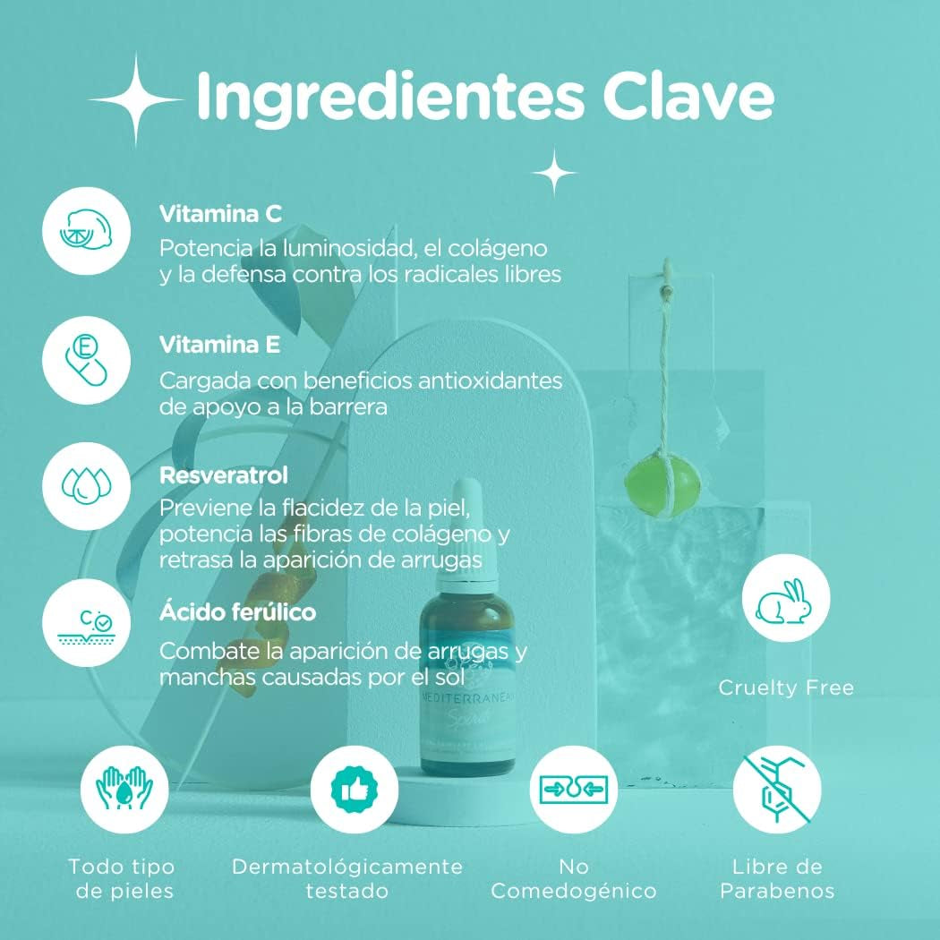 Serum Facial Vitamina C, E, Resveratrol Acido Salicílico Ferulico Unisex Antiarrugas Antimanchas Hidratante Antioxidante Ingredientes Mediterráneos Naturales, 30Ml Por Mediterranean Spirit