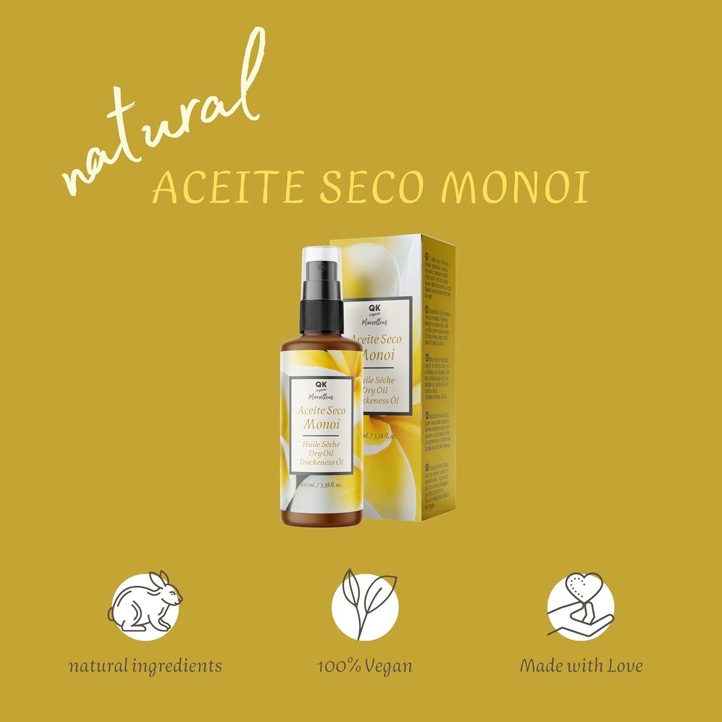 Qknatur - Aceite Seco Monoi. Hidratación Y Nutrición Para La Piel Y El Pelo. Con Una Rápida Absorción - 100 Ml. Aceite Para Masaje, Cara, Cuerpo, Cabello.