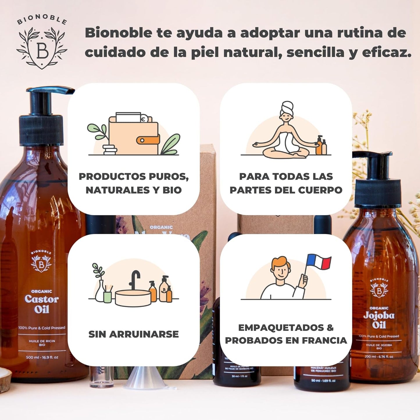 Bionoble Aceite De Jojoba Orgánico 200Ml - 100% Puro, Natural Y Prensado En Frío - Rostro, Cuerpo, Cabello, Barba, Uñas - Vegano Y Cruelty Free - Jojoba Oil - Botella De Vidrio + Bomba