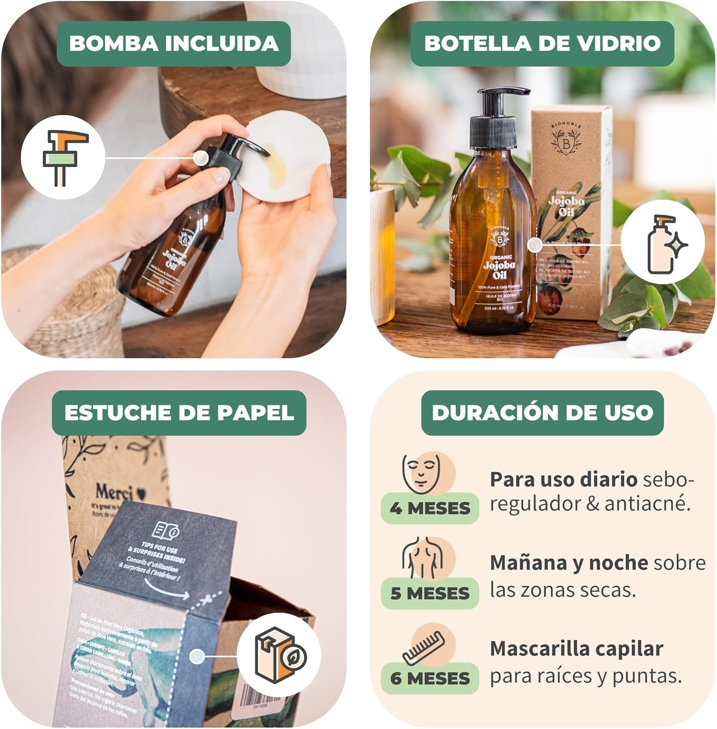 Bionoble Aceite De Jojoba Orgánico 200Ml - 100% Puro, Natural Y Prensado En Frío - Rostro, Cuerpo, Cabello, Barba, Uñas - Vegano Y Cruelty Free - Jojoba Oil - Botella De Vidrio + Bomba