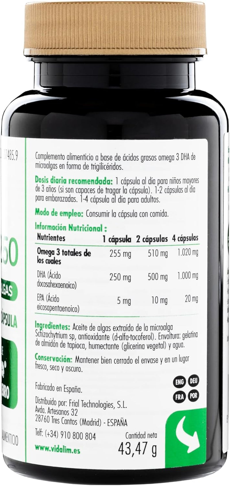 Vidalim Omega 3. 250Mg DHA De Microalgas En Cápsula Blanda De Origen Vegetal. Apto Para Veganos (60)