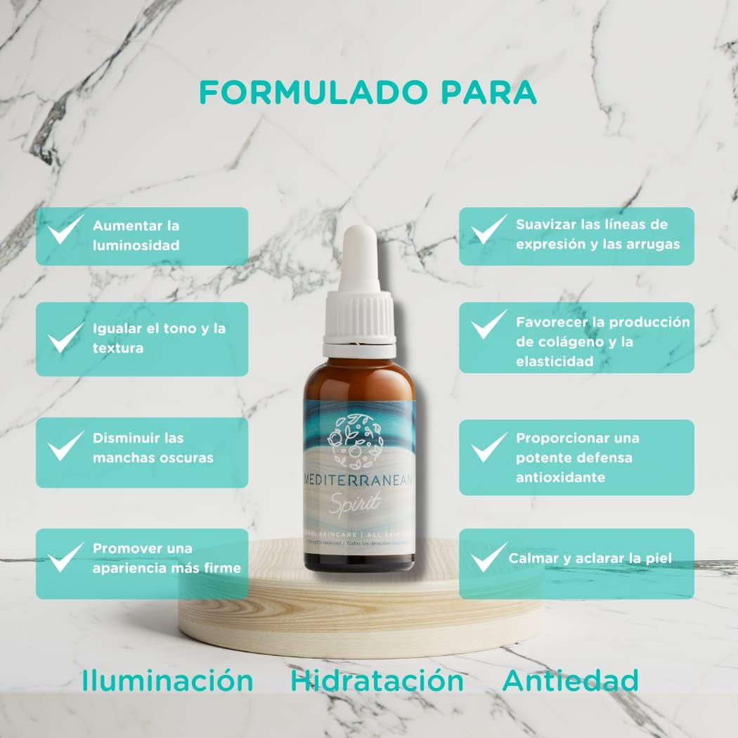 Serum Facial Vitamina C, E, Resveratrol Acido Salicílico Ferulico Unisex Antiarrugas Antimanchas Hidratante Antioxidante Ingredientes Mediterráneos Naturales, 30Ml Por Mediterranean Spirit
