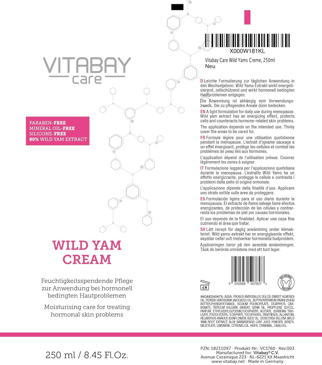 Vitabay Crema De Ñame Silvestre 250 Ml - Crema Con 80% De Extracto De Raíz De Ñame Para Rostro Y Cuerpo - 64% De Diosgenina - 100% Libre De Nanopartículas Y Sin Hormonas Sintéticas