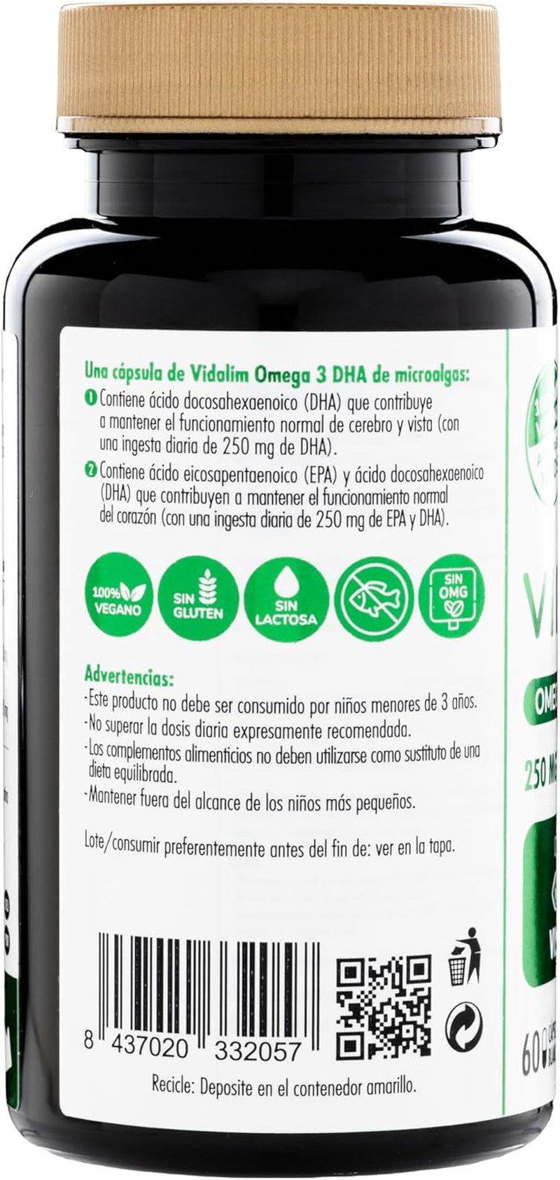 Vidalim Omega 3. 250Mg DHA De Microalgas En Cápsula Blanda De Origen Vegetal. Apto Para Veganos (60)