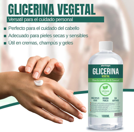PLANTAWA Glicerina Líquida Vegetal 1L | Glicerina Líquida Para Hacer Jabones, Cosméticos Y Secado De Flores | Hidratante Natural Para Piel Y Cabello, 99.5% Pura Y Sin Aditivos